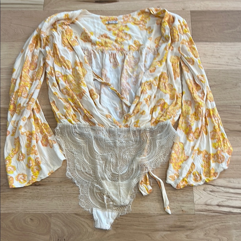 Free People Cream and Yellow Floral Lace-Trim Bodysuit